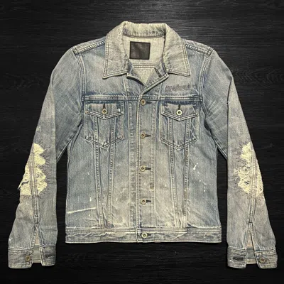 Pre-owned Rick Owens Isamu Katayama Backlash Patched & Distressed Trucker Jacket In Blue