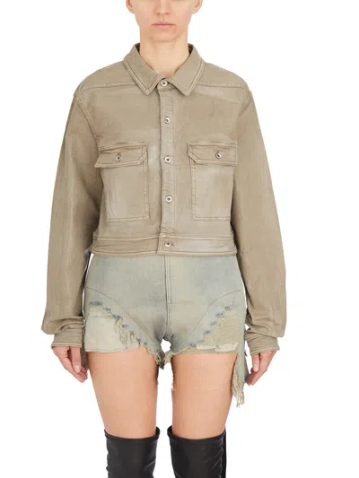 Rick Owens Jacket In Denim Cape Sleeve Cropped Outershirt In Brown