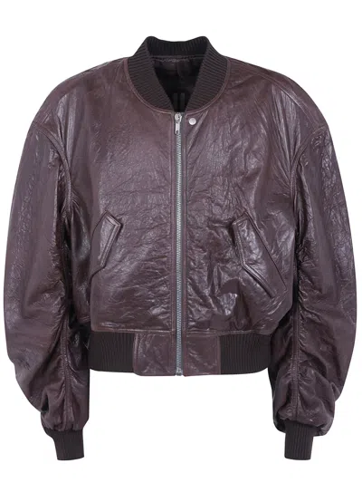 Rick Owens Crinkled Leather Bomber Jacket In Burgundy
