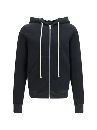 Rick Owens Zip-up Cotton Sweatshirt With Melange Hoodie In Black