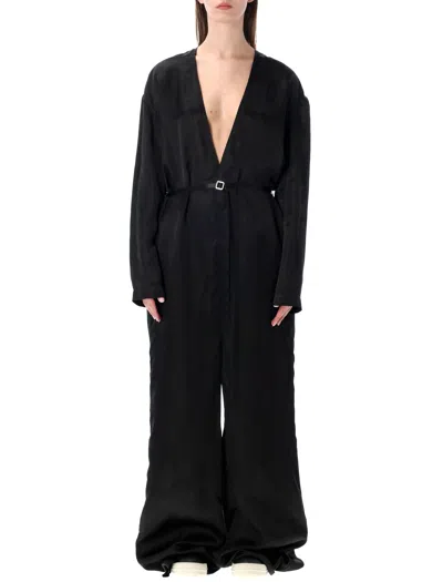 Rick Owens Long Sleeve Belted Jumpsuit Wide Leg In Black