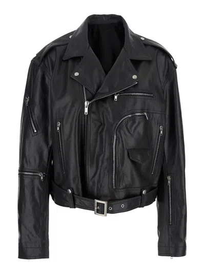 Rick Owens 'jumbo' Black Cropped Jacket With Notched Revers And Waist Belt In Leather Woman