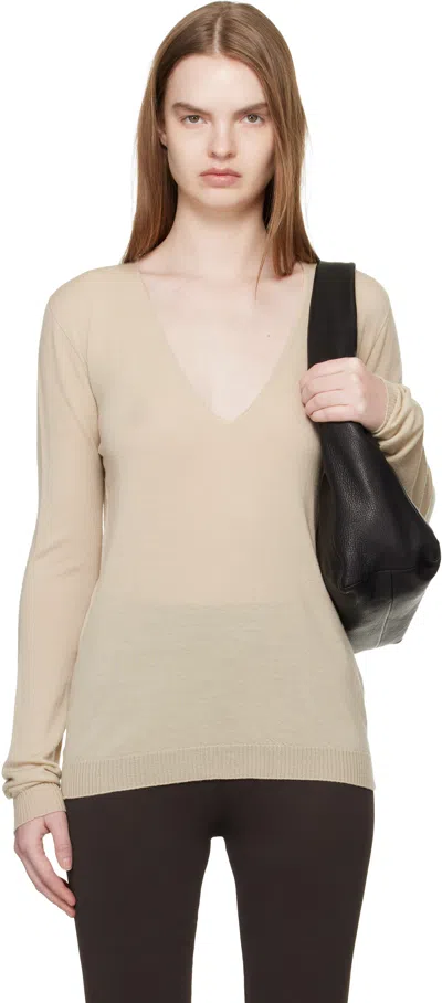 Rick Owens Khaki Temple V Neck Pull Sweater