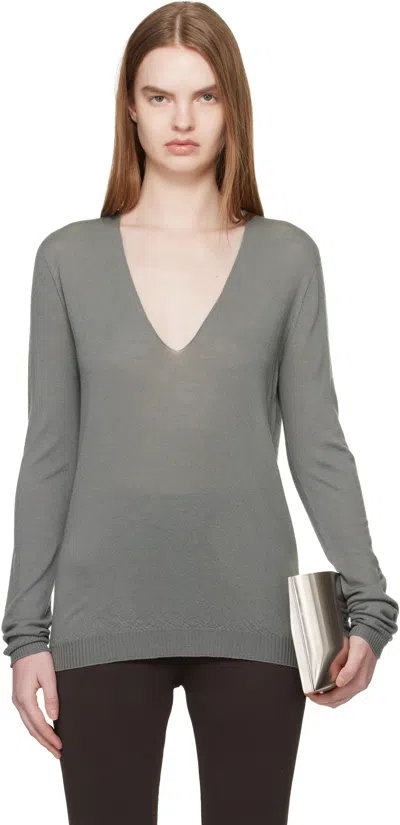 Rick Owens Khaki Temple V Neck Pull Sweater In Gray