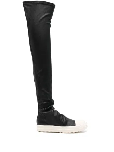 Rick Owens Black Leather High Knee Sneakers In Black Milk