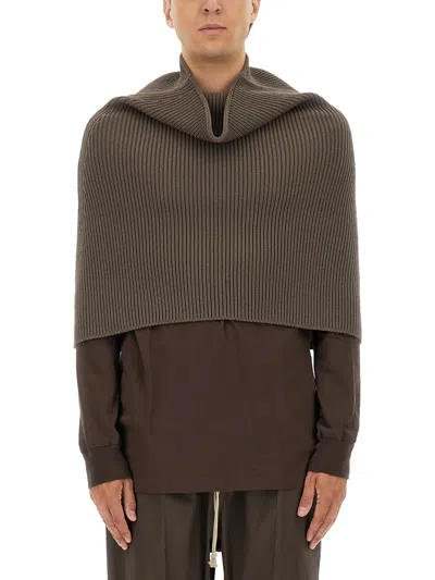 Rick Owens Ribbed Knitted Cape With Structured Collar In Animal Print