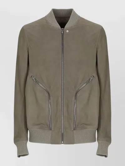 Rick Owens Grey Leather Bomber Jacket With Choker Collar And Ribbed Details In Green