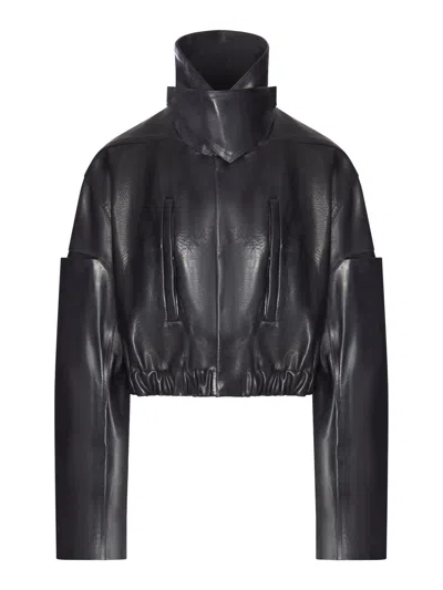Rick Owens Leather Collared Bomber Mac In Black