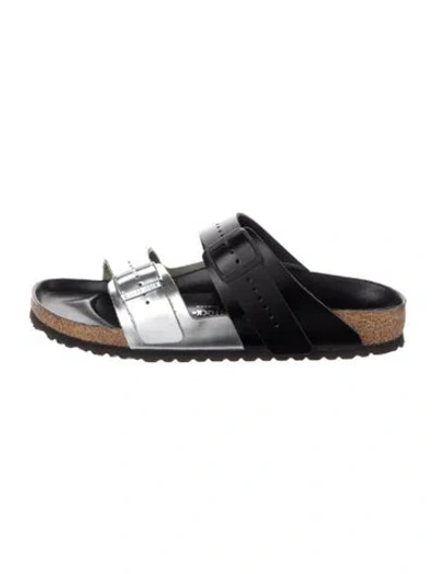 Pre-owned Rick Owens Leather Colorblock Pattern Slides In Black