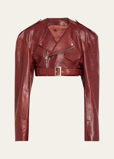 Rick Owens Leather Cropped Belted Moto Jacket In Henna