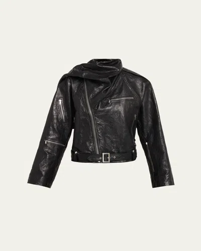 Rick Owens Leather Cropped Scarf Moto Jacket In Black