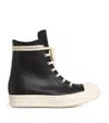 Rick Owens High-top Black Leather Sneakers With Side Zip And Rubber Sole In Black