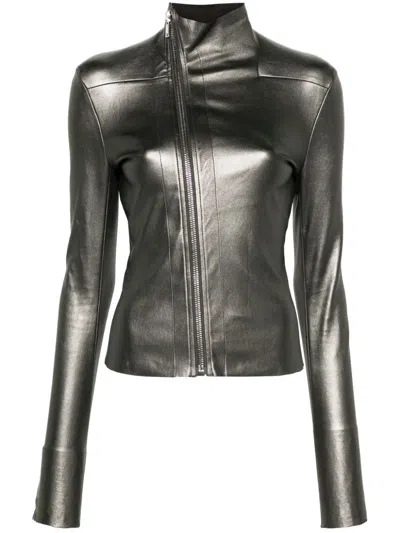 Rick Owens Womens Gun Metal Funnel-neck Metallic Leather-blend Jacket In Grey