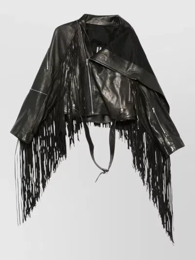 Rick Owens Leather Jacket Belted Waist Fringe Detailing In Black