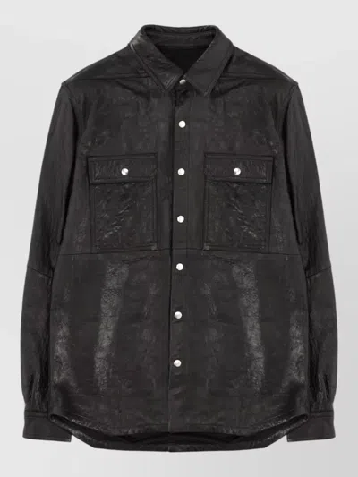 Rick Owens Leather Jacket Collared Neck Chest Pockets In Black