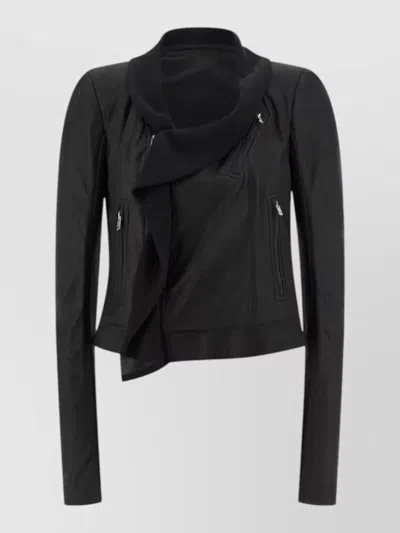 Rick Owens Leather Jacket Draped Collar Long Sleeves Zips In Black