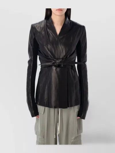 Rick Owens Leather Jacket With Belted Waist And Wrap Front In Black