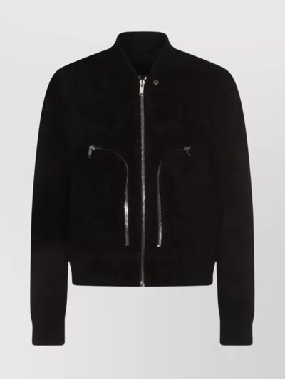 Rick Owens Leather Jacket With High Collar And Ribbed Accents In Black