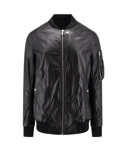 Rick Owens Leather Jacket With Ribbed Knitted Profiles In Black