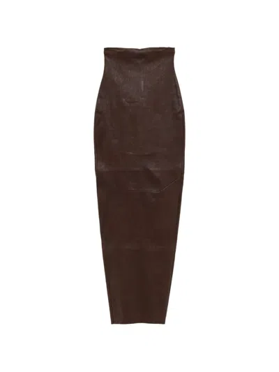 Rick Owens Leather Long Skirt In Gray