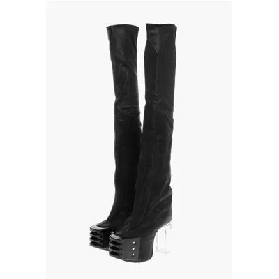 Rick Owens Leather Over The Knee Boots With Platform Sole Women's 12cm