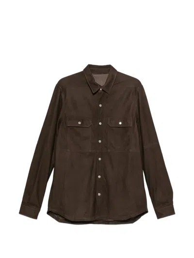 Rick Owens Leather Press-stud Shirt In Brown