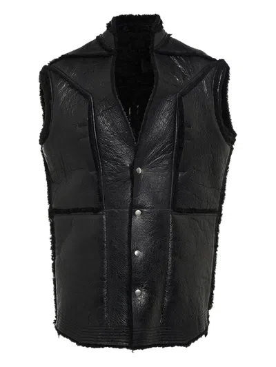 Rick Owens Leather Shearling Gilet In Black