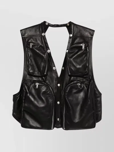 RICK OWENS LEATHER VEST WITH MULTIPLE ZIP POCKETS AND OPEN BACK