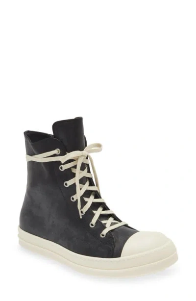 Rick Owens High-top Leather Sneakers With Rubber Toe Cap In Black