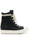 Rick Owens High-top Black Leather Sneakers With Side Zip And Rubber Sole In Black