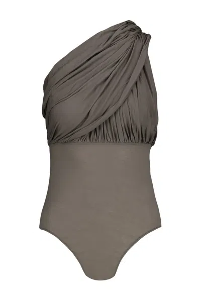 Rick Owens Lido Ruched Detailed Draped Bodysuit In Beige