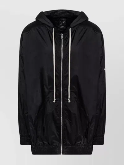 Rick Owens Lightweight Zip Jacket Hooded Drawstring Elastic Side Pockets In Black