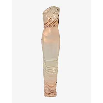 Rick Owens Lillies Womens Tangerine Degrade Hera Asymmetric-neck Metallic Stretch-woven Maxi Dress