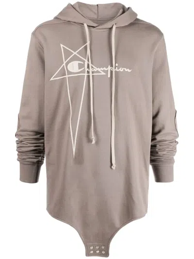 Rick Owens Logo-embroidered Hoodie In Grey