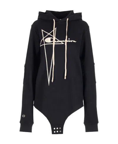 Rick Owens Logo-embroidered Organic-cotton Hoodie In Black