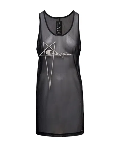 Rick Owens Logo-embroidered Sheer Sleeveless Dress In Black