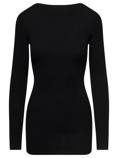 RICK OWENS LONG BLACK RIBBED TOP WITH ROUND CUT-OUT IN WOOL WOMAN