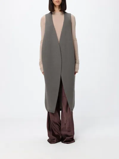 Rick Owens Long Cashmere Knit Waistcoat With Deep V-neck In Gray