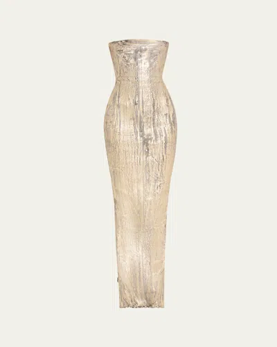Rick Owens Long Coated Denim Bustier Gown In Gold