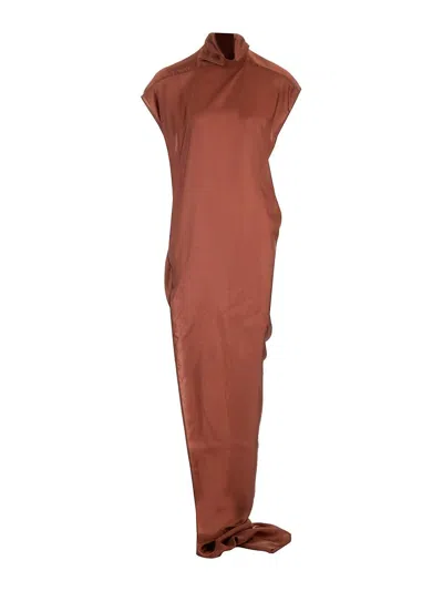 Rick Owens Long Cupro Dress In Brown