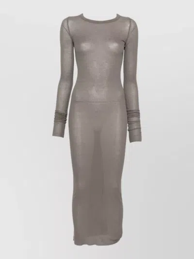 Rick Owens Long Ribbed Dress Crew Neck Sheer In Grey