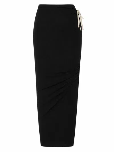 Rick Owens Long Skirt With Side Drawstring Closure And Straight Hem In Cotton For Women In Black