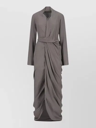 Rick Owens Long Sleeve Belted Draped Maxi Dress In Gray