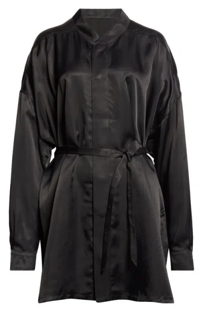 Rick Owens Long Sleeve Belted Satin Minidress In Black