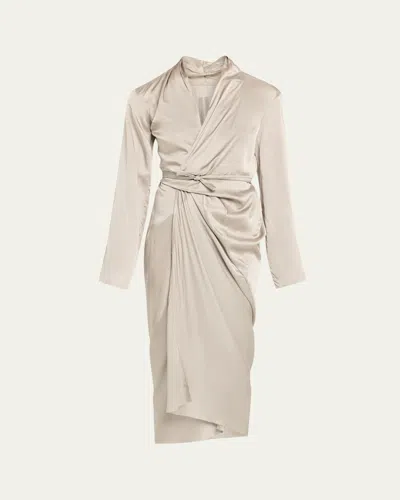 Rick Owens Long-sleeve Draped Wrap Midi Dress In Neutral