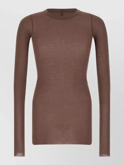 Rick Owens Ribbed Viscose-silk Blend T-shirt In Brown
