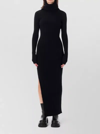 Rick Owens Long Sleeve Rib Knit Turtleneck Dress Maxi In Black