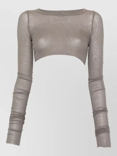 Rick Owens Long Sleeve Ribbed Cropped Crew Neck Top In Brown