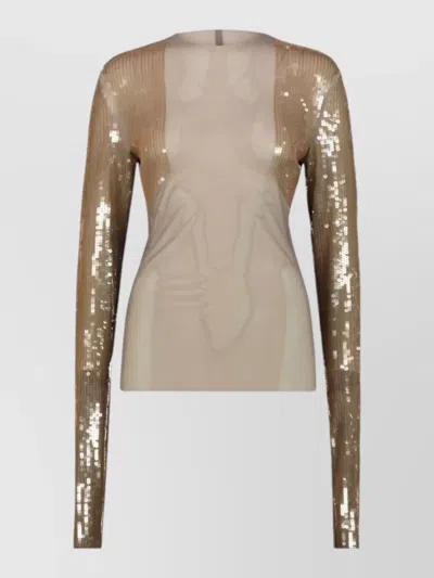 Rick Owens Long Sleeve Sequin Sheer Top Design In Brown