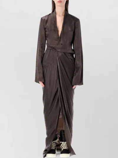 Rick Owens Long Sleeve Wrap Gown Floor Length In Brown